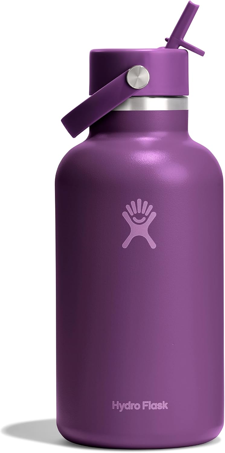 Hydro Flask Water Bottle – Insulated Stainless Steel – Wide Mouth Flex Straw Lid, Non Spill, Leakproof and Refillable in 64 Oz Beachplum Purple