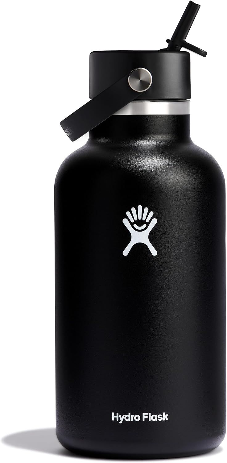 Hydro Flask Water Bottle – Insulated Stainless Steel – Wide Mouth Flex Straw Lid, Non Spill, Leakproof and Refillable in 64 Oz Black