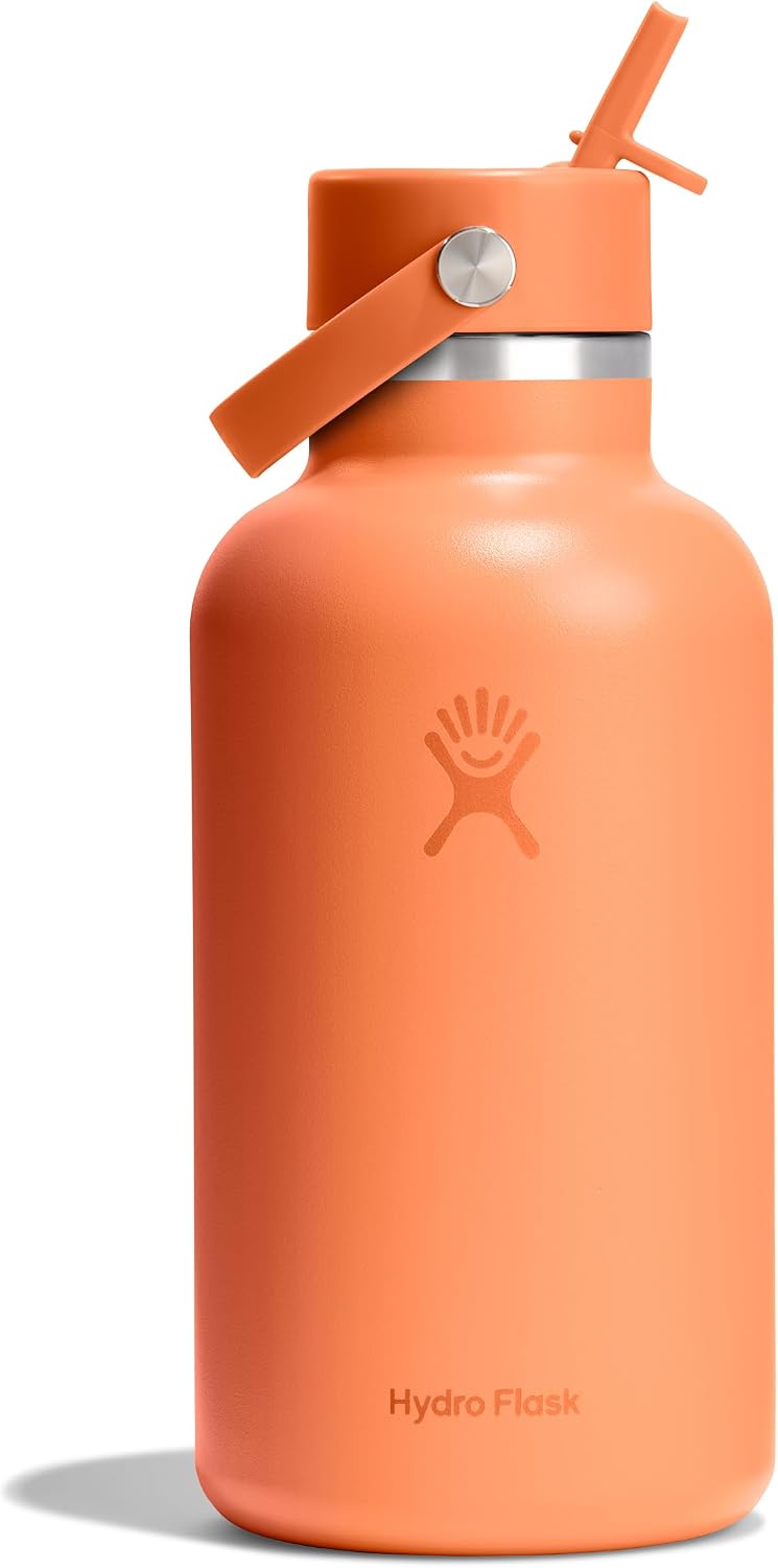 Hydro Flask Water Bottle – Insulated Stainless Steel – Wide Mouth Flex Straw Lid, Non Spill, Leakproof and Refillable in 64 Oz Nectar Orange