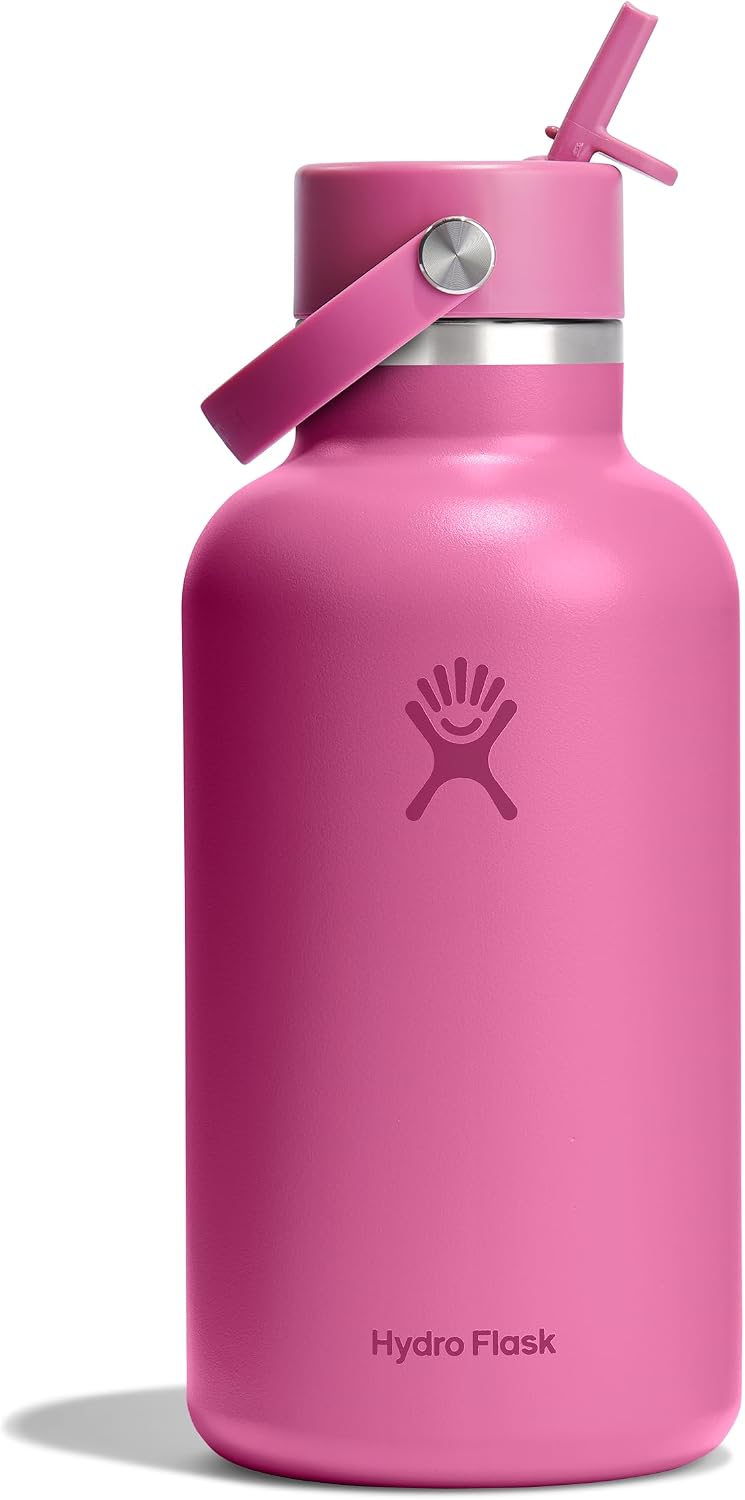 Hydro Flask Water Bottle – Insulated Stainless Steel – Wide Mouth Flex Straw Lid, Non Spill, Leakproof and Refillable in 64 Oz Reef Pink