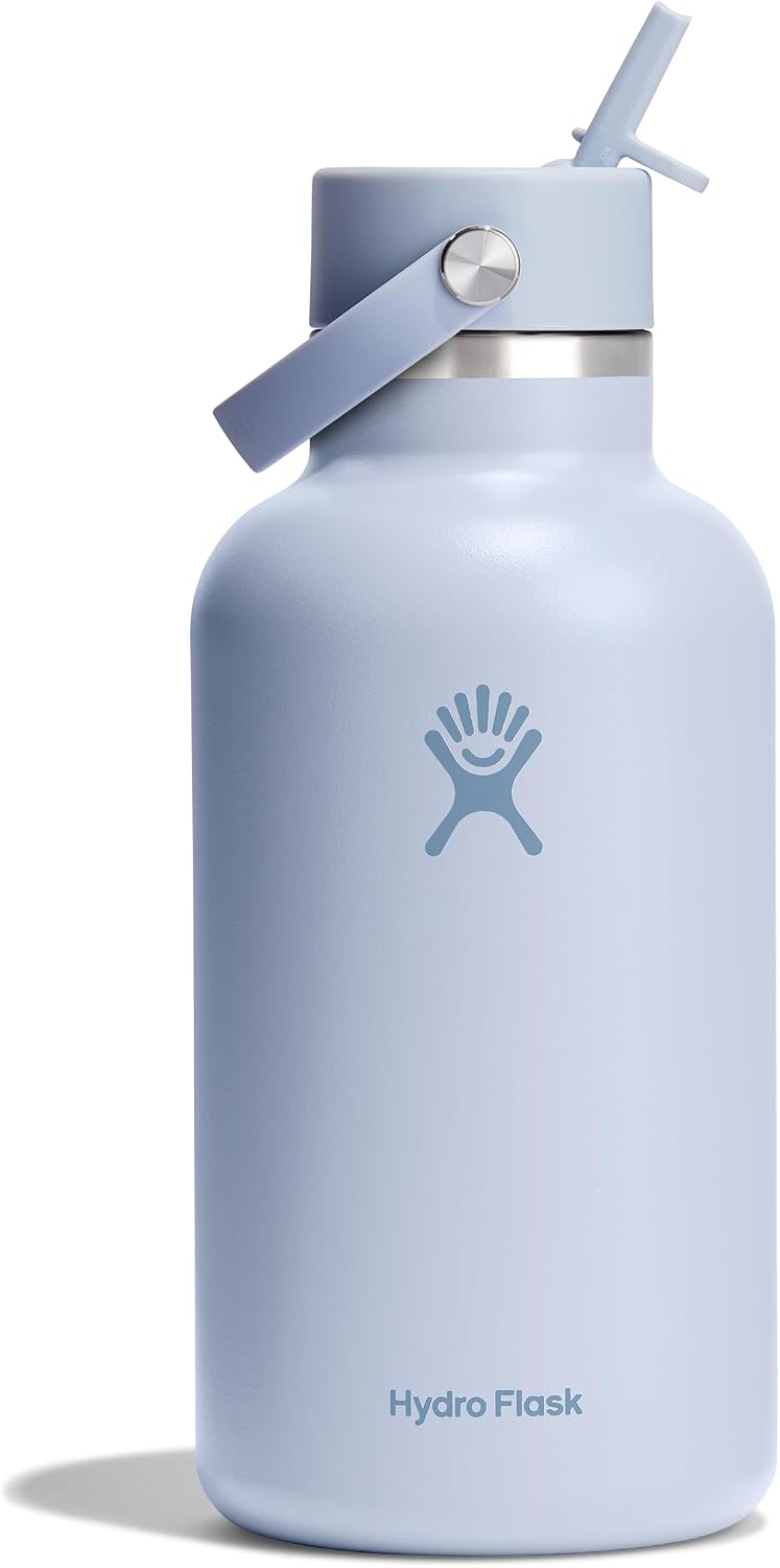 Hydro Flask Water Bottle – Insulated Stainless Steel – Wide Mouth Flex Straw Lid, Non Spill, Leakproof and Refillable in 64 Oz Surf Blue