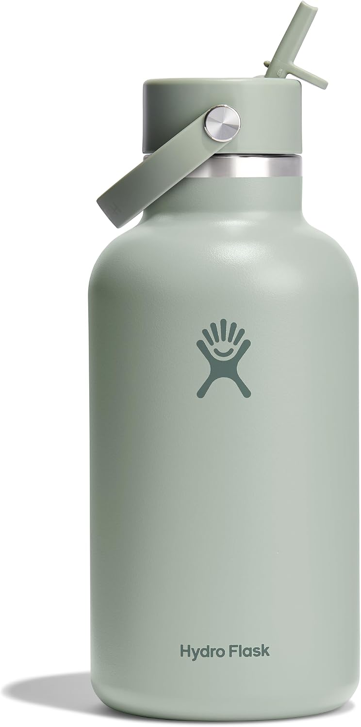 Hydro Flask Water Bottle – Insulated Stainless Steel – Wide Mouth Flex Straw Lid, Non Spill, Leakproof and Refillable in 64 Oz Tonal Agave