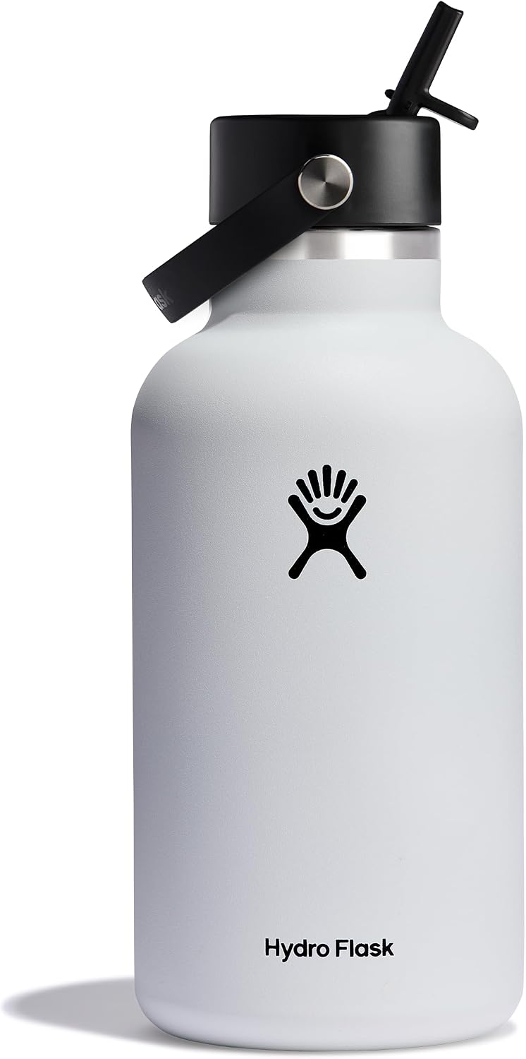 Hydro Flask Water Bottle – Insulated Stainless Steel – Wide Mouth Flex Straw Lid, Non Spill, Leakproof and Refillable in 64 Oz White
