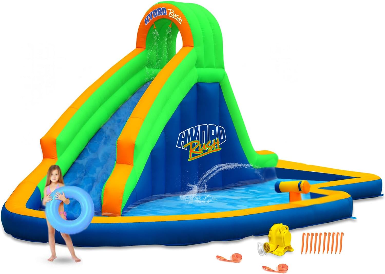 Hydro Rush – 19’x11′ Inflatable Water Slide+Blower – Splash Area – Water Cannon – Climbing Wall
