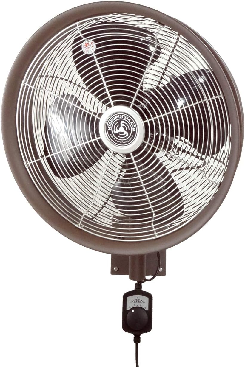 HydroMist 18” Wall-Mounted Outdoor Fan, Oscillating, 3-Speed, Quiet, Mold-Resistant Blades, Bracket & Cover Included – Dark Brown