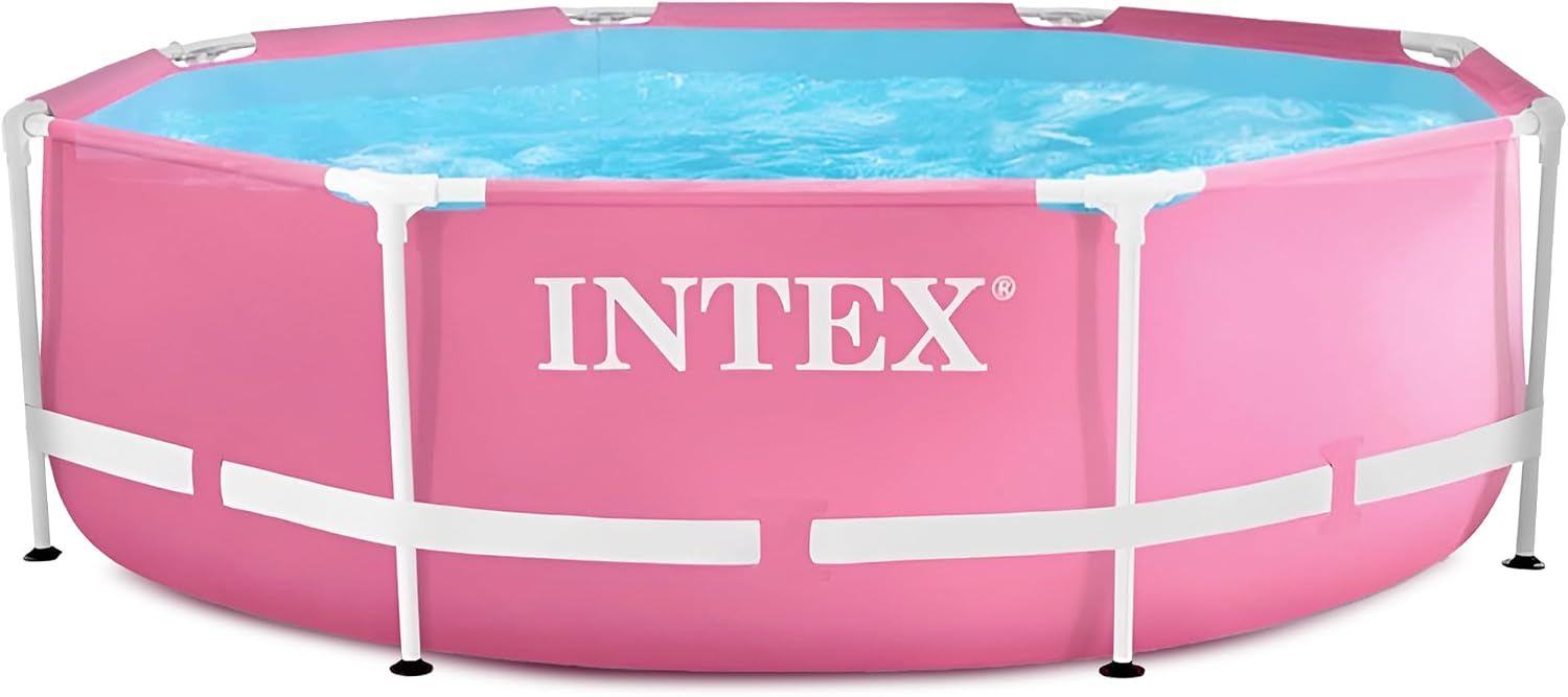 Intex 28290EH 8 Feet by 30 Inches Easy to Assemble Large Round Metal Frame Above Ground Swimming Pool with Dual Suction Outlet Fittings, Pink