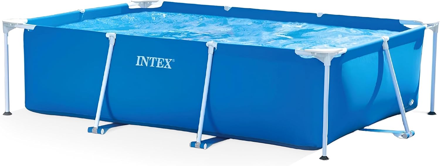 Intex 9′ 10″ L x 6′ 7″ W x 29.5″ H, Rectangular Frame Above Ground Outdoor Backyard Swimming Pool with Flow Control Valve for Quick Draining, Blue