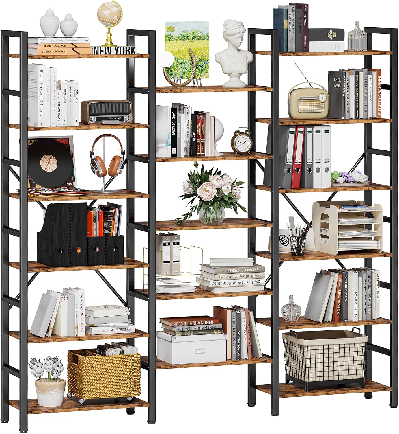 IRONCK 6-Tier Triple Wide Industrial Bookshelf – Open Display Shelves with Metal Frame for Living Room, Bedroom, Office (69″W x 78″H)