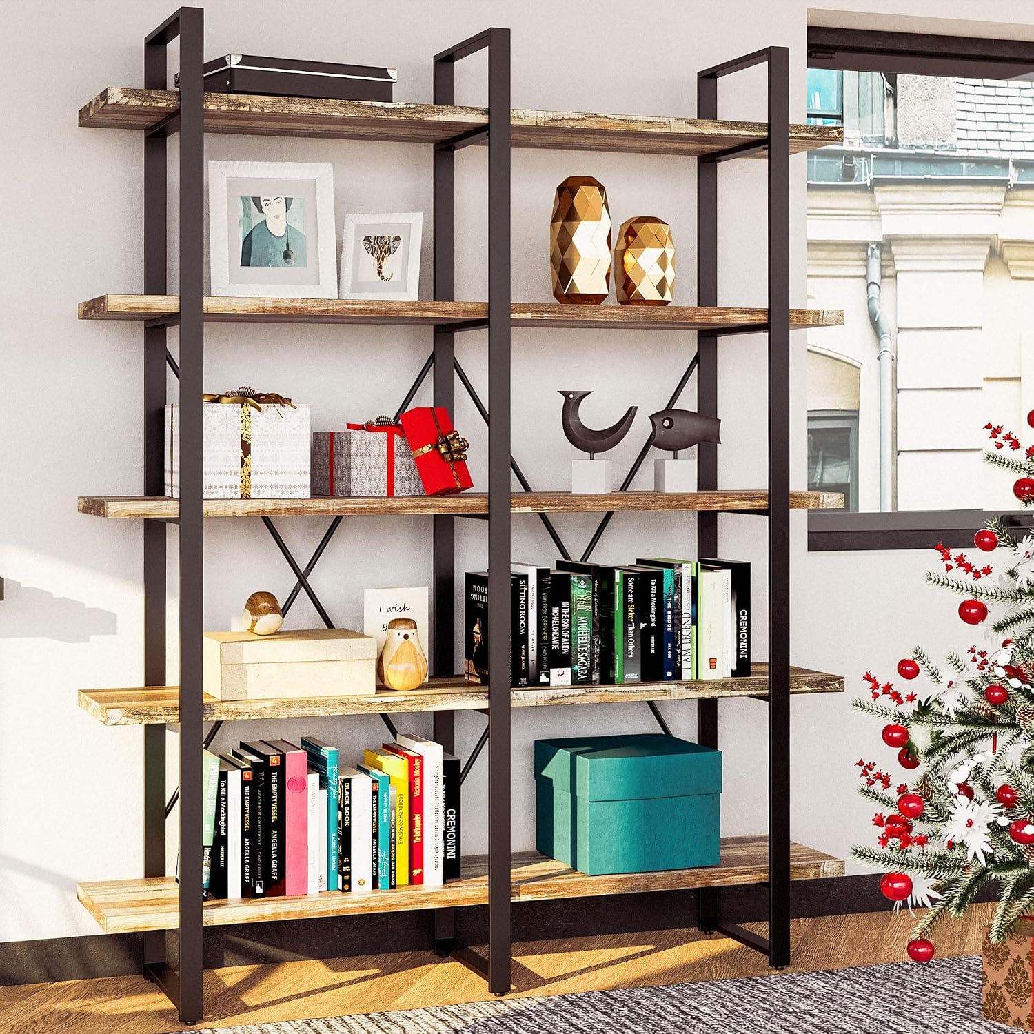 IRONCK Double Wide 5-Tier Industrial Bookshelf – Large Wood & Metal Bookcase with Open Shelves for Home Office, Easy Assembly, Industrial Brown