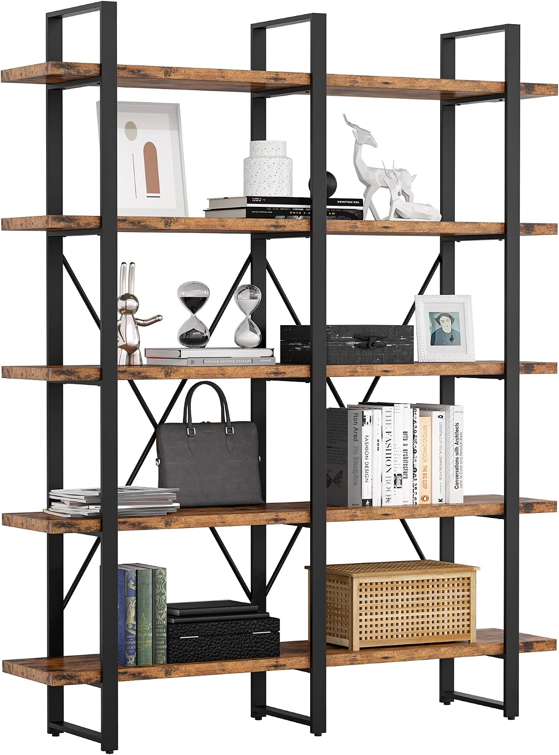 IRONCK Double Wide 5-Tier Industrial Bookshelf – Large Wood & Metal Bookcase with Open Shelves for Home Office, Easy Assembly, Vintage Brown