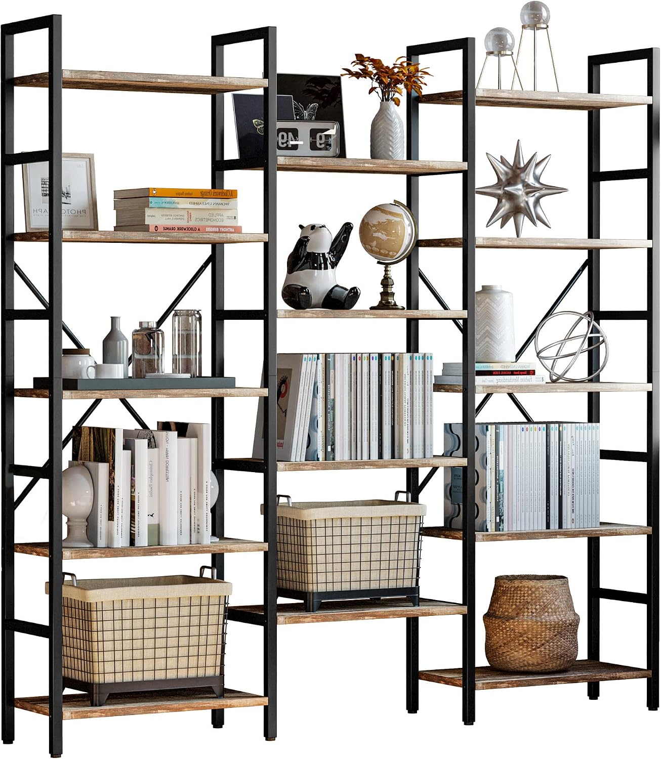 IRONCK Triple Wide 5-Tier Industrial Bookshelf – 69″W x 69″H Open Metal Bookcase for Living Room, Bedroom, Office, Brown Finish