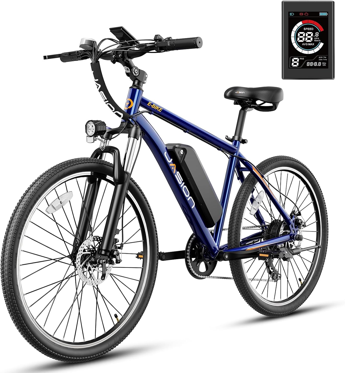 Jasion EB5 Electric Bike for Adults – 26” Tires, 350W Motor, 40 Miles Range, Shimano 7-Speed, Front Suspension, Blue