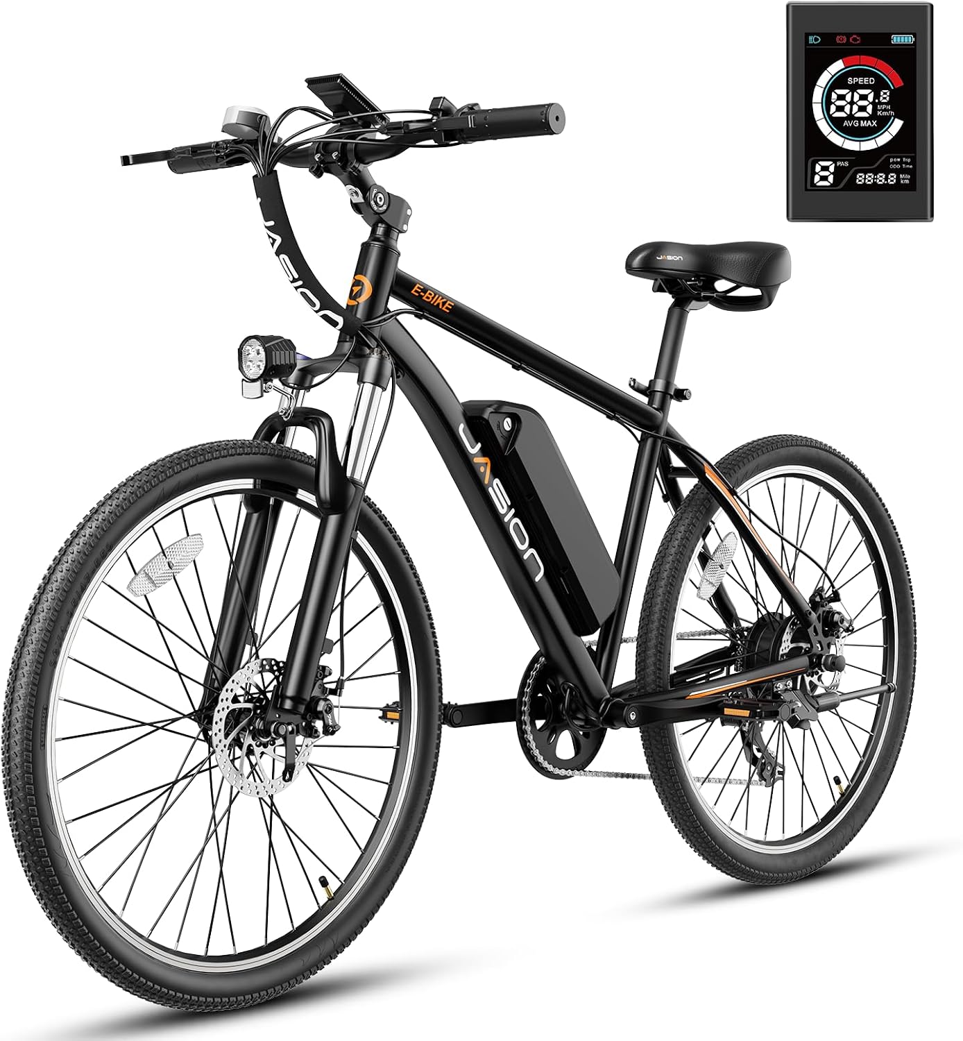 Jasion EB5 Electric Bike for Adults – 26” Tires, 350W Motor, 40 Miles Range, Shimano 7-Speed, Front Suspension, Dark