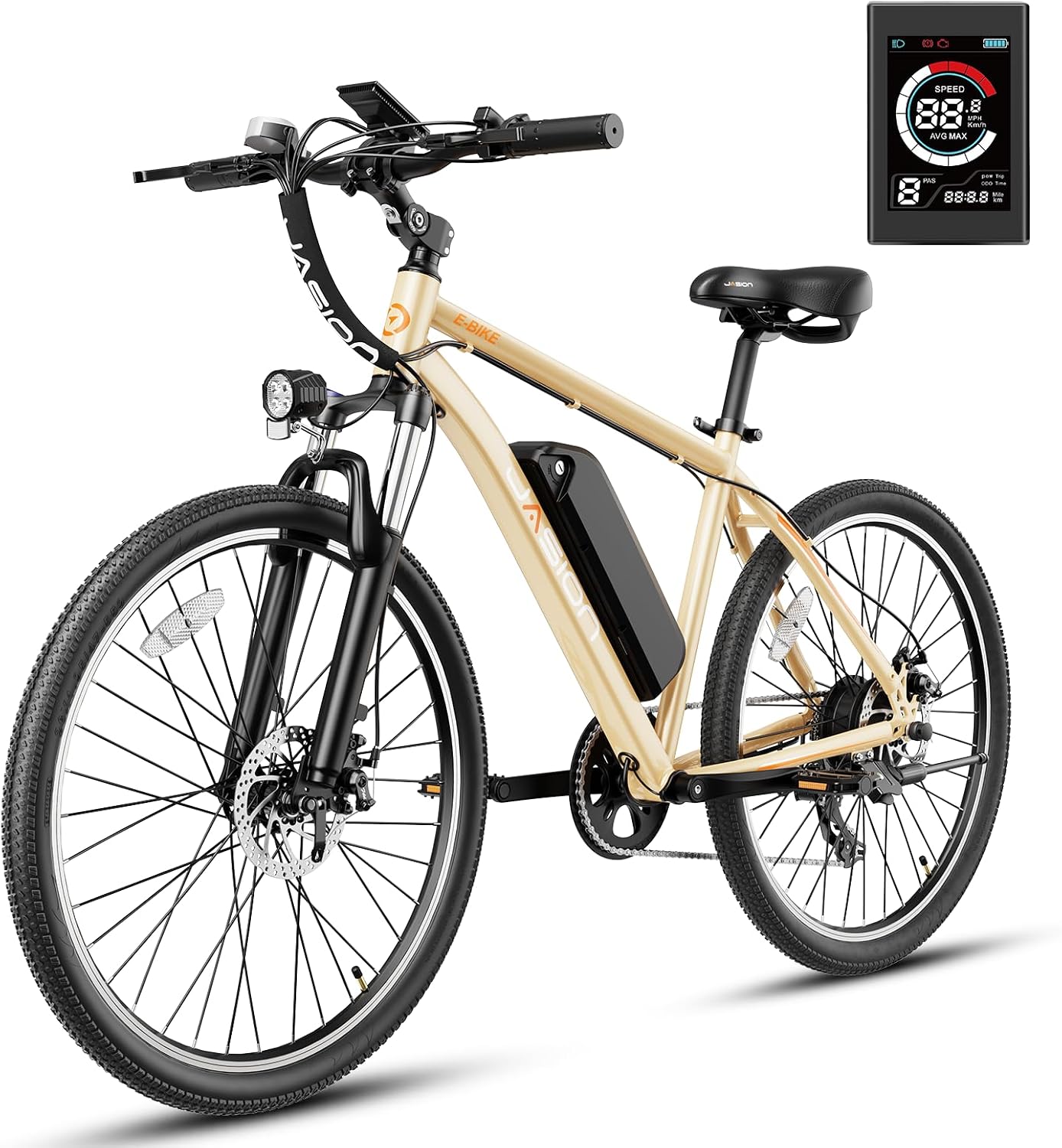 Jasion EB5 Electric Bike for Adults – 26” Tires, 350W Motor, 40 Miles Range, Shimano 7-Speed, Front Suspension, Khaki
