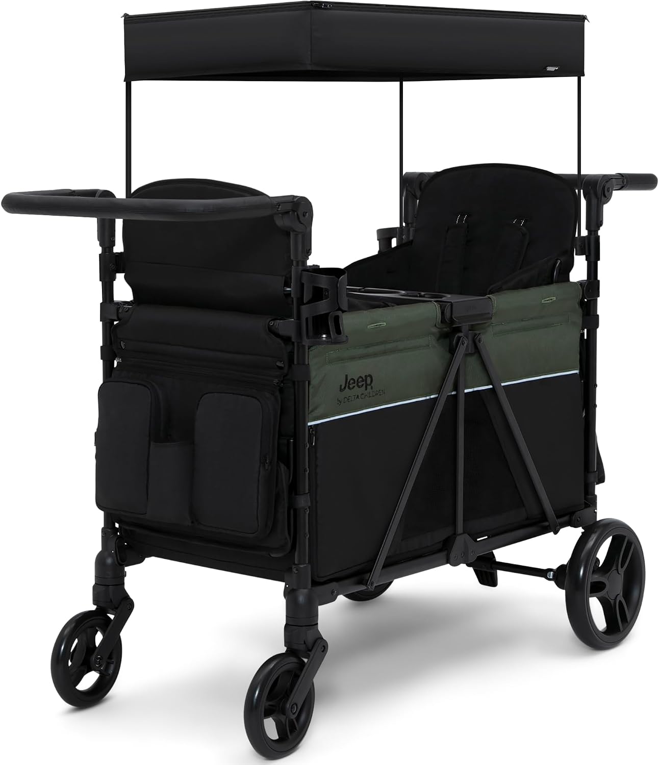Jeep Aries Stroller Wagon – Premium Wagon for 2 Kids with Convertible Seats, Adjustable Push/Pull Handles, Removable Canopy & Flat Fold – Black/Green