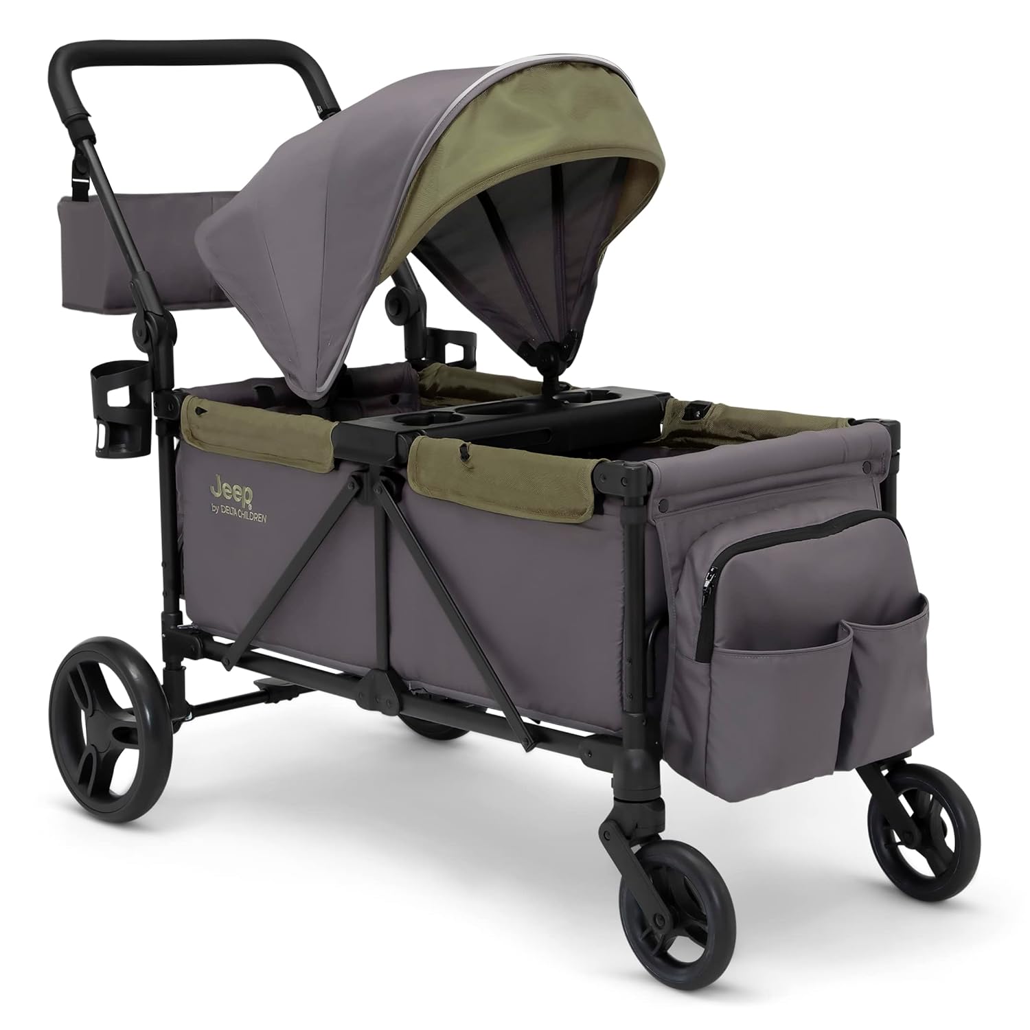 Jeep Sport All-Terrain Stroller Wagon by Delta Children – Includes Canopy, Parent Organizer, Snack Tray & Cup Holders, Grey/Olive Green