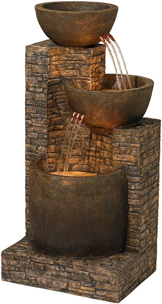 John Timberland Mason 35″ Rustic Faux Stone Floor Fountain with LED Bowl – Tiered Outdoor Water Feature for Garden, Patio, Yard – Mason Bowls