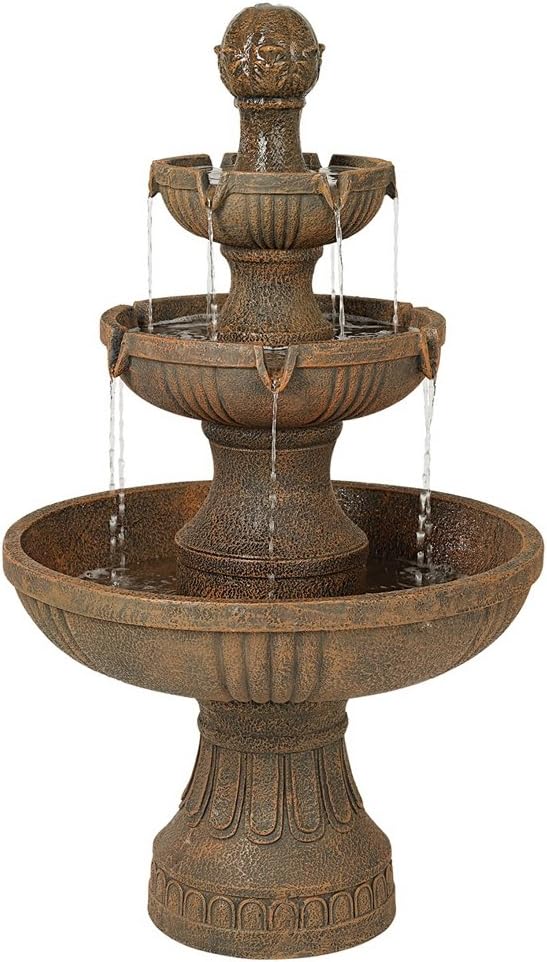John Timberland Ravenna 43″ Italian 3-Tier Faux Stone Floor Fountain – Tall Outdoor Water Feature for Garden, Patio, Yard – Bronze