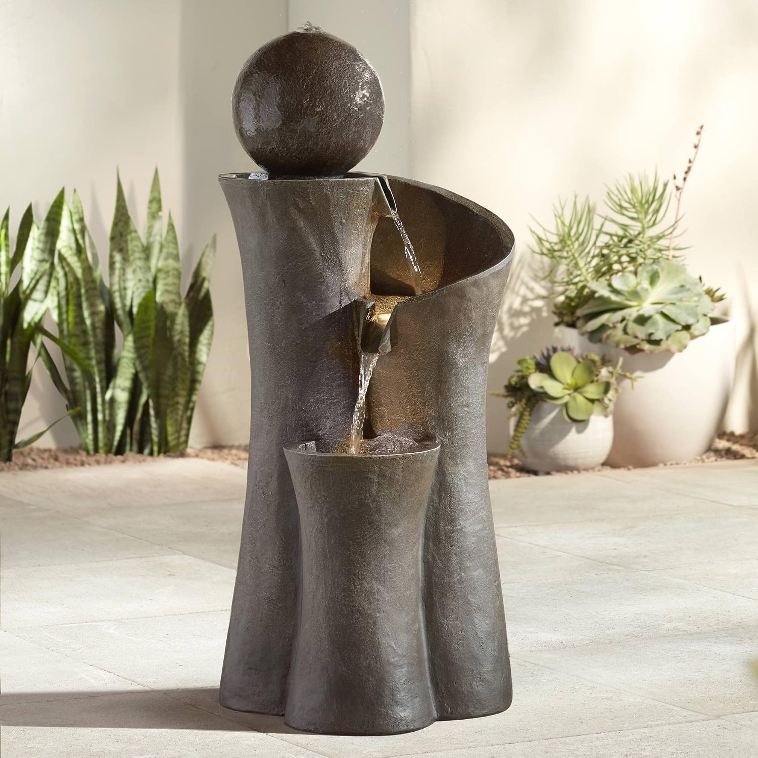 John Timberland Sphere Curve 39.5″ Modern Zen Faux Stone LED Floor Fountain for Indoor/Outdoor Garden, Patio, Yard, Backyard, Gray