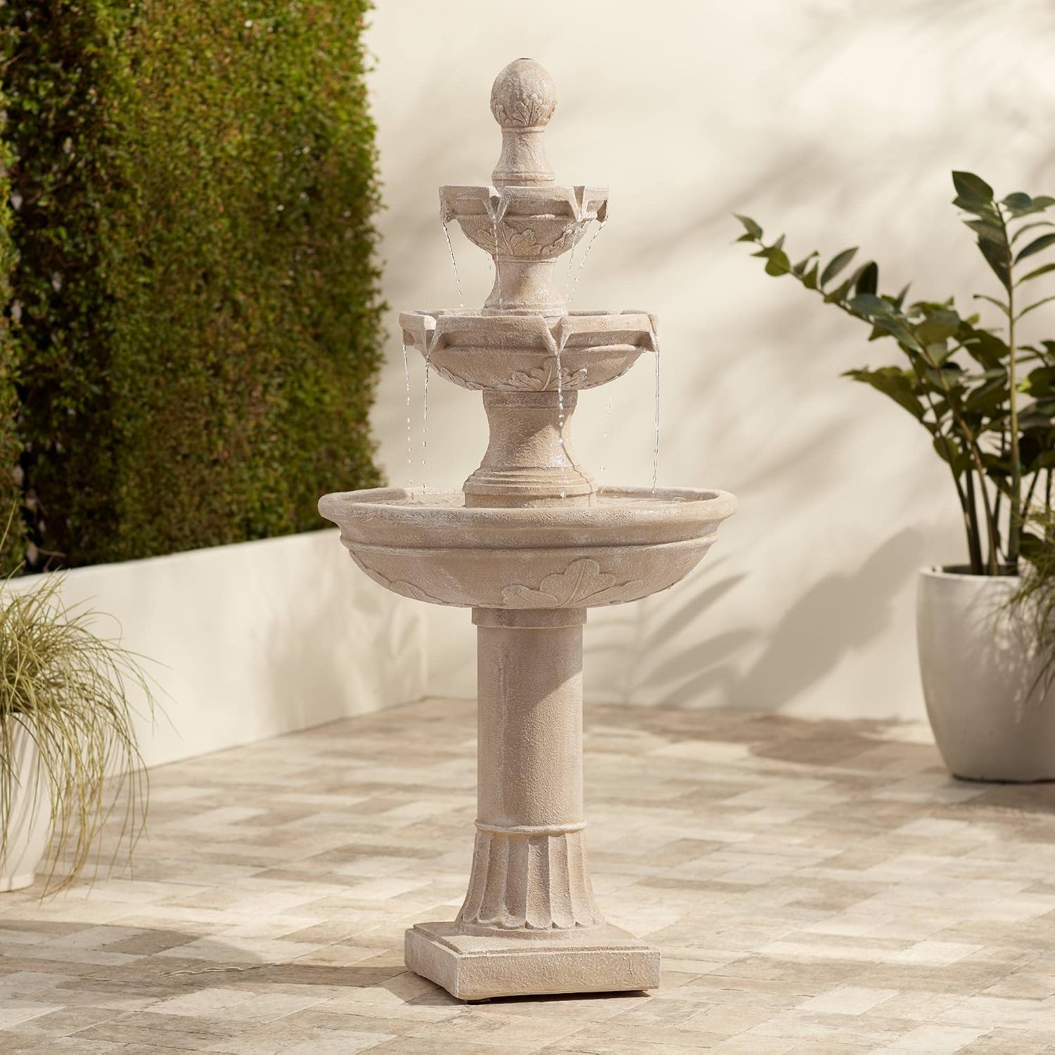 John Timberland Stafford 48″ Traditional Italian 3-Tier Faux Stone Floor Fountain – Large Outdoor Water Feature for Garden, Patio – Natural Tan