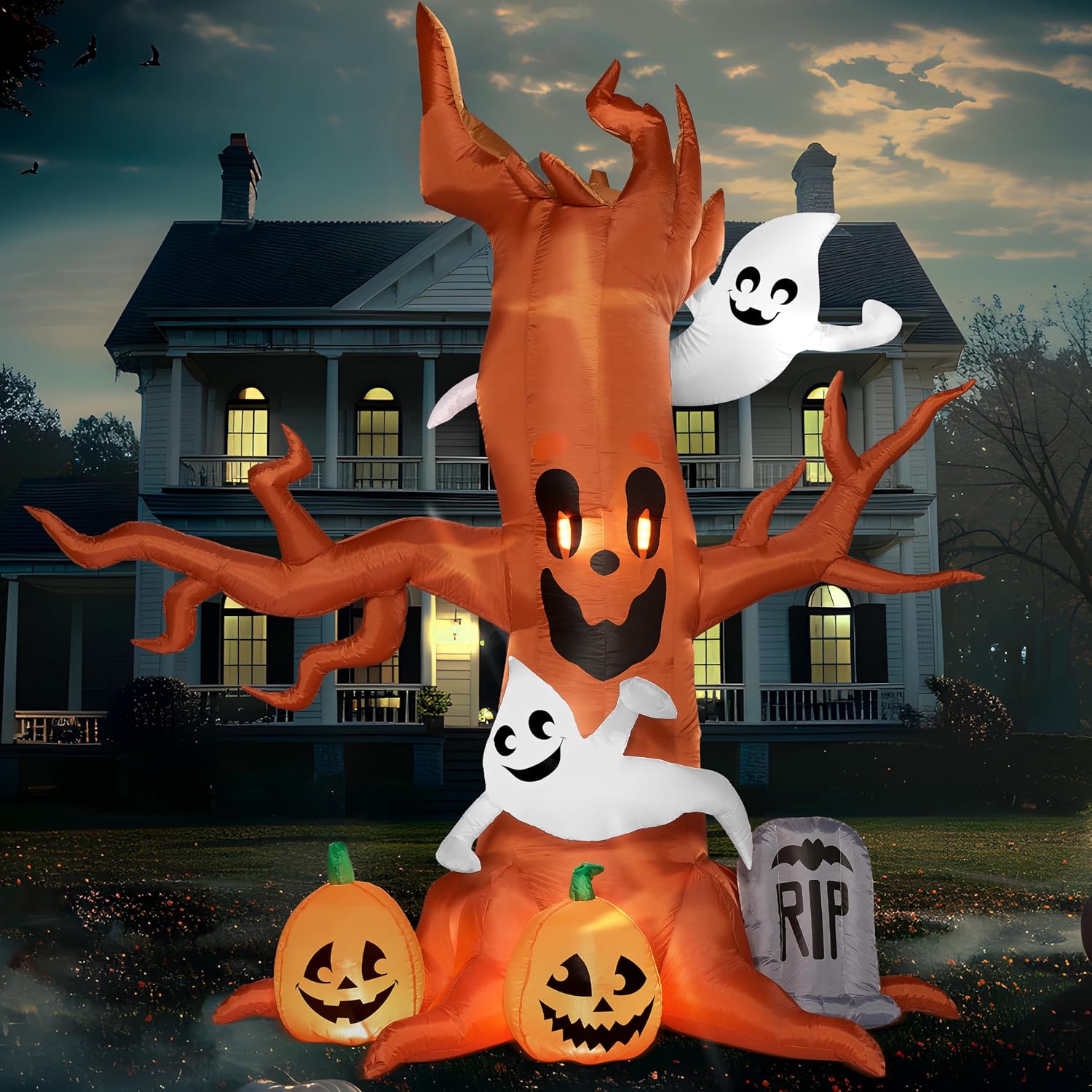Joiedomi 8 FT Halloween Inflatable Scary Tree with Ghost Decorations, Pumpkin and Tombstone, Blow Up Inflatables with Build-in LEDs