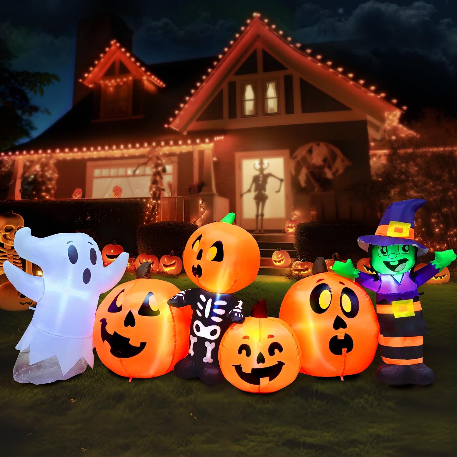 Joiedomi 8 ft Long Halloween Inflatable Three Characters and Pumpkin Patch Outdoor Decoration, Blow Up Inflatables Witch Ghost