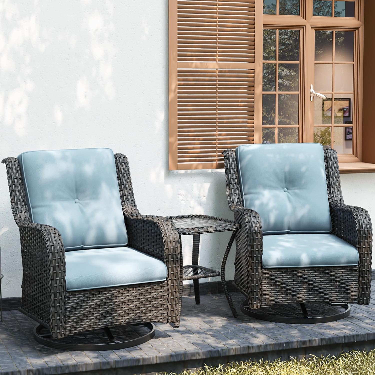 Joyside 3-Piece Outdoor Wicker Bistro Set, 2 Swivel Rocker Chairs with Soft Cushions & Matching Side Table for Patio or Balcony – Azure