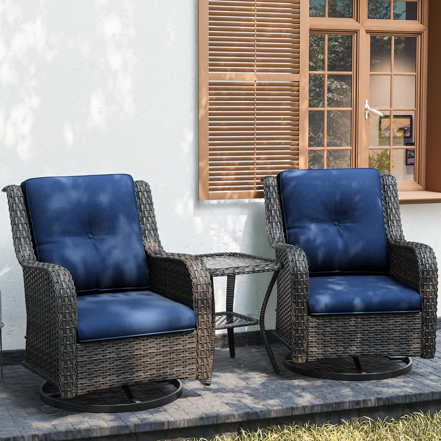 Joyside 3-Piece Outdoor Wicker Bistro Set, 2 Swivel Rocker Chairs with Soft Cushions & Matching Side Table for Patio or Balcony – Blue