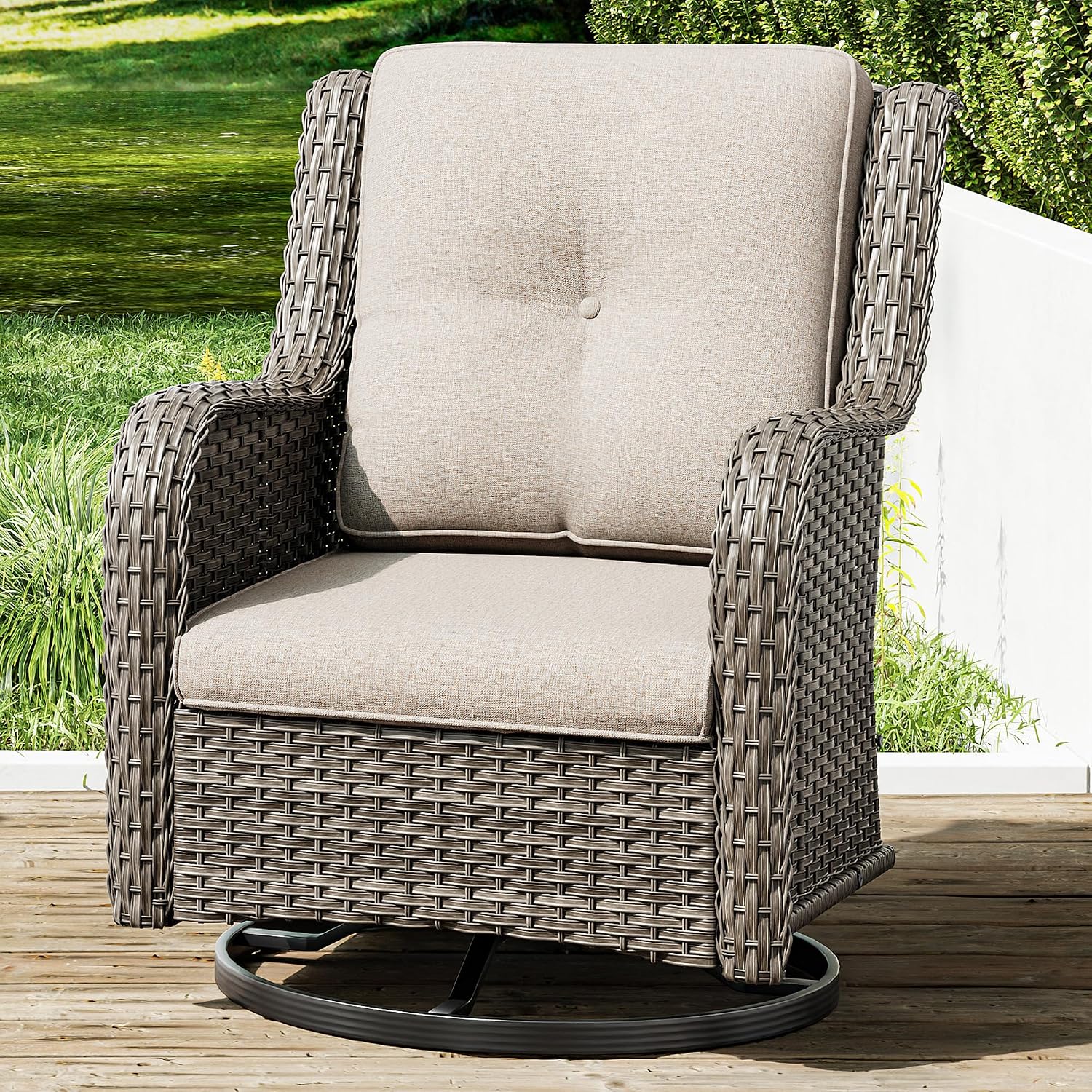 Joyside Outdoor Swivel Rocker Patio Chair – Wicker Glider Rocker with Olefin Cushions for Porch, Deck, or Backyard Relaxation – Beige