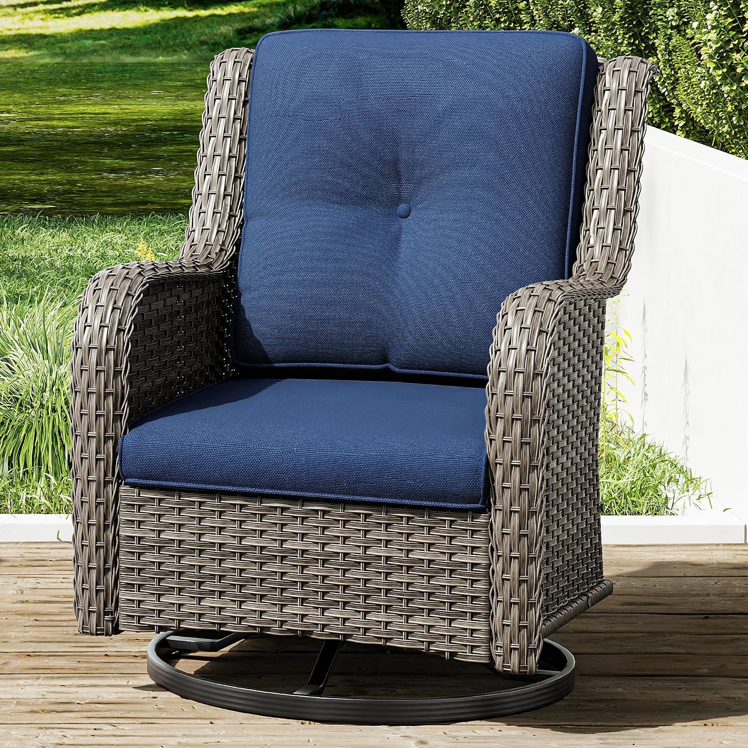Joyside Outdoor Swivel Rocker Patio Chair – Wicker Glider Rocker with Olefin Cushions for Porch, Deck, or Backyard Relaxation – Blue