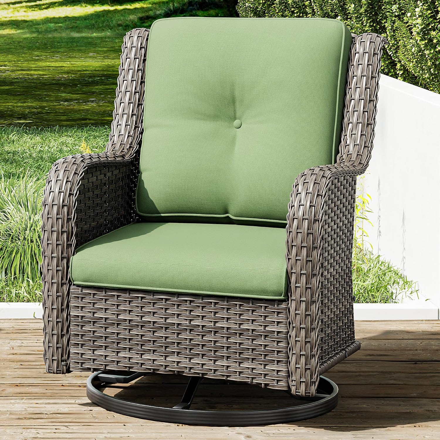 Joyside Outdoor Swivel Rocker Patio Chair – Wicker Glider Rocker with Olefin Cushions for Porch, Deck, or Backyard Relaxation – Green