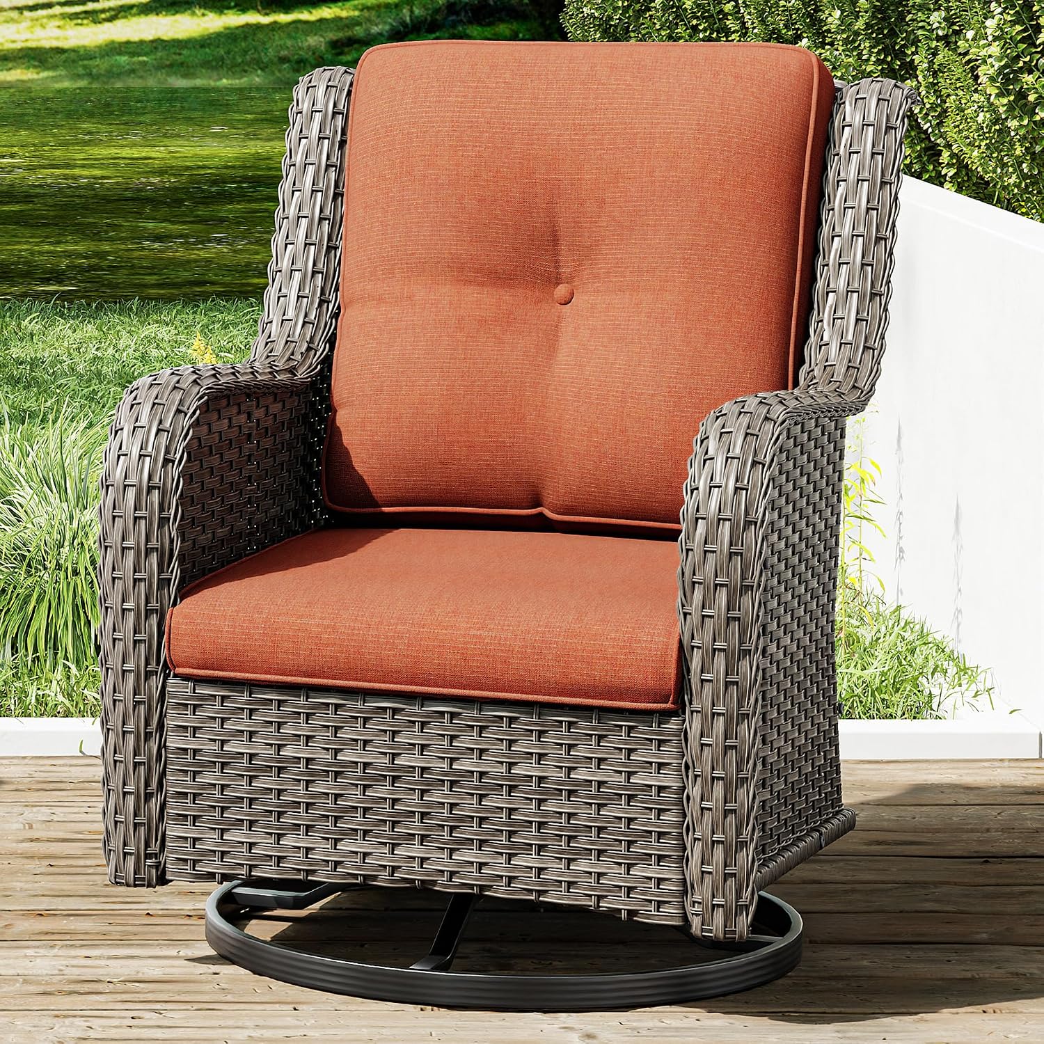Joyside Outdoor Swivel Rocker Patio Chair – Wicker Glider Rocker with Olefin Cushions for Porch, Deck, or Backyard Relaxation – Orange