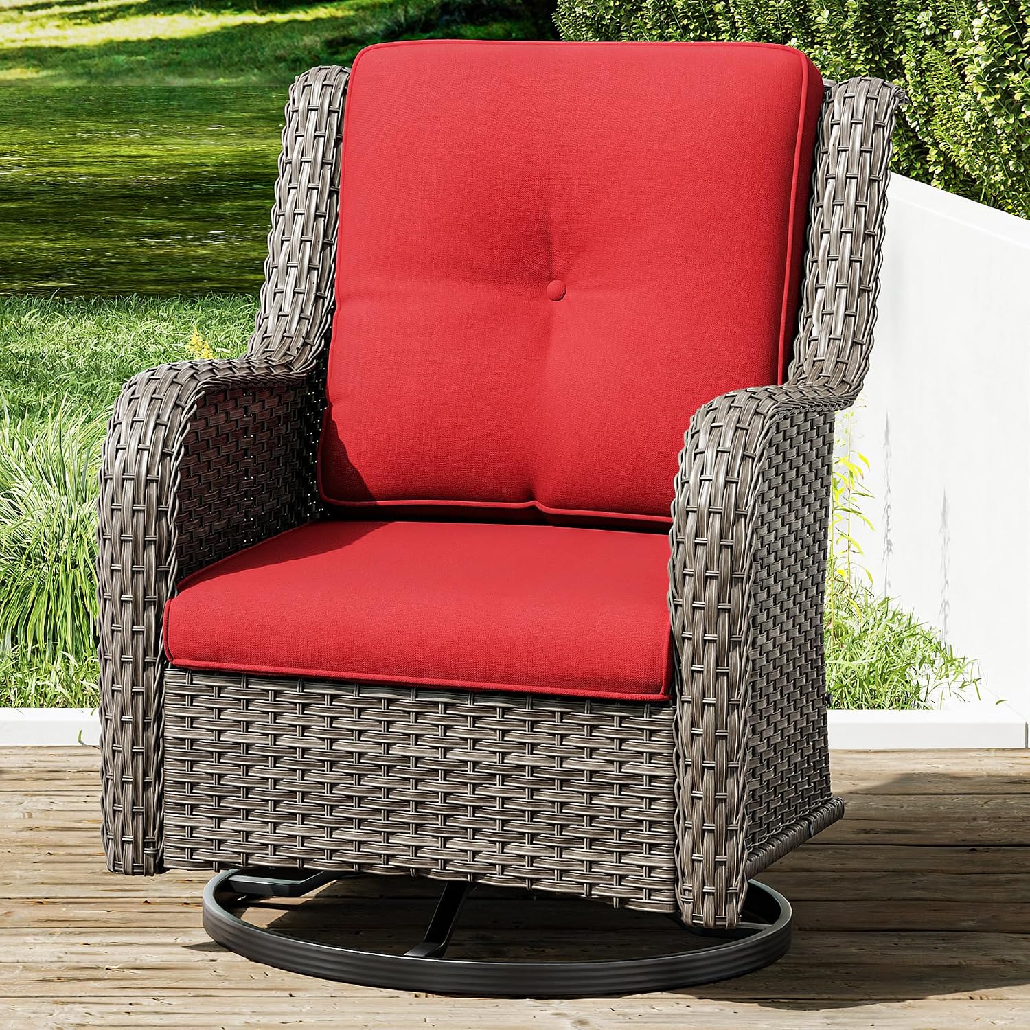 Joyside Outdoor Swivel Rocker Patio Chair – Wicker Glider Rocker with Olefin Cushions for Porch, Deck, or Backyard Relaxation – Red