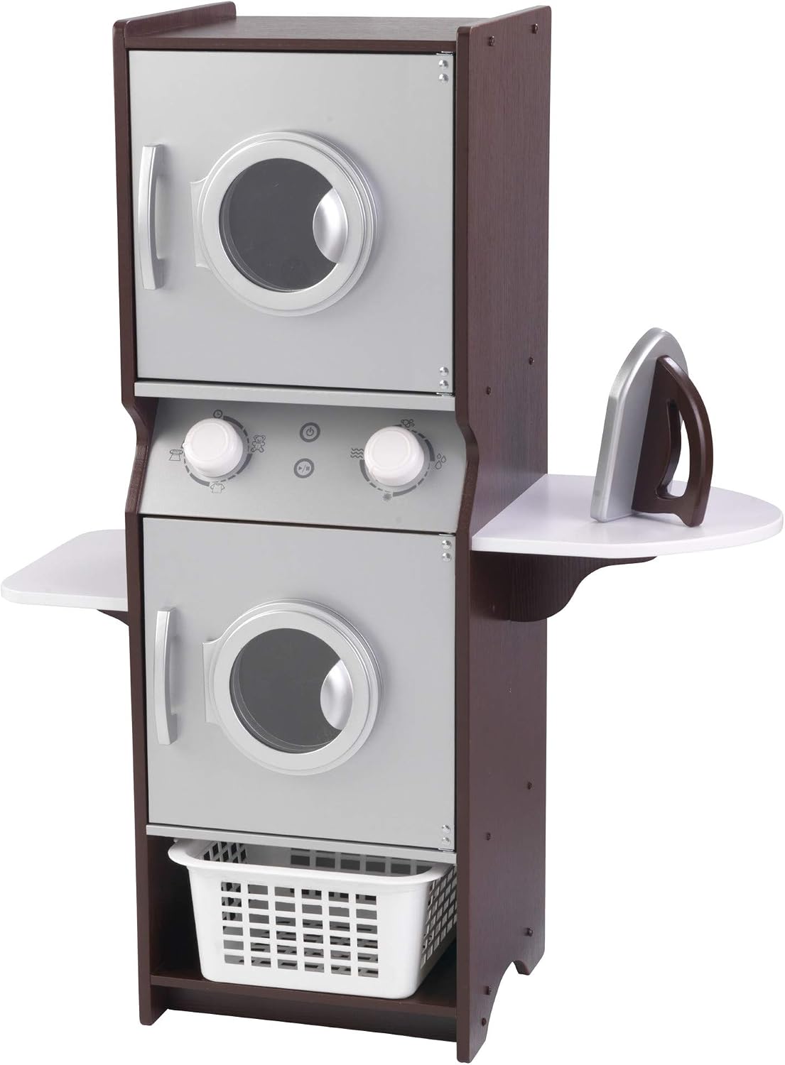 KidKraft Laundry Playset Children’s Pretend Wooden Stacking Washer and Dryer Toy with Iron and Basket, Espresso, Gift for Ages 3+