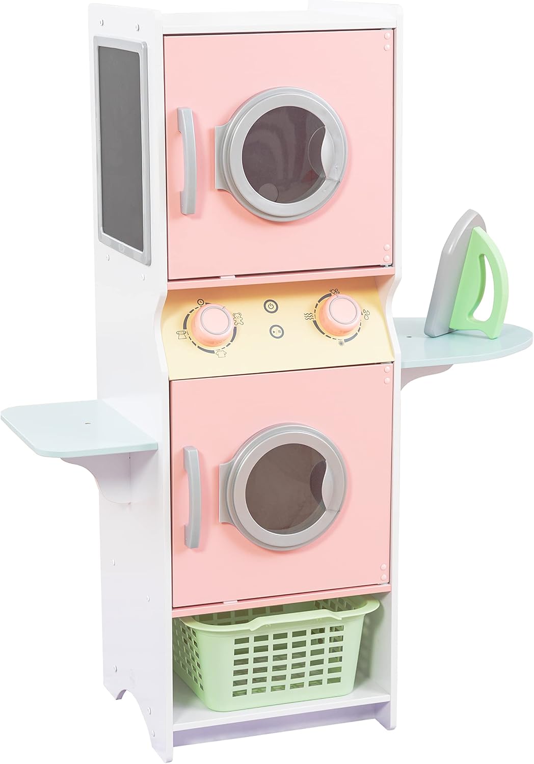 KidKraft Laundry Playset Children’s Pretend Wooden Stacking Washer and Dryer Toy with Iron and Basket, Pastel, Gift for Ages 3+