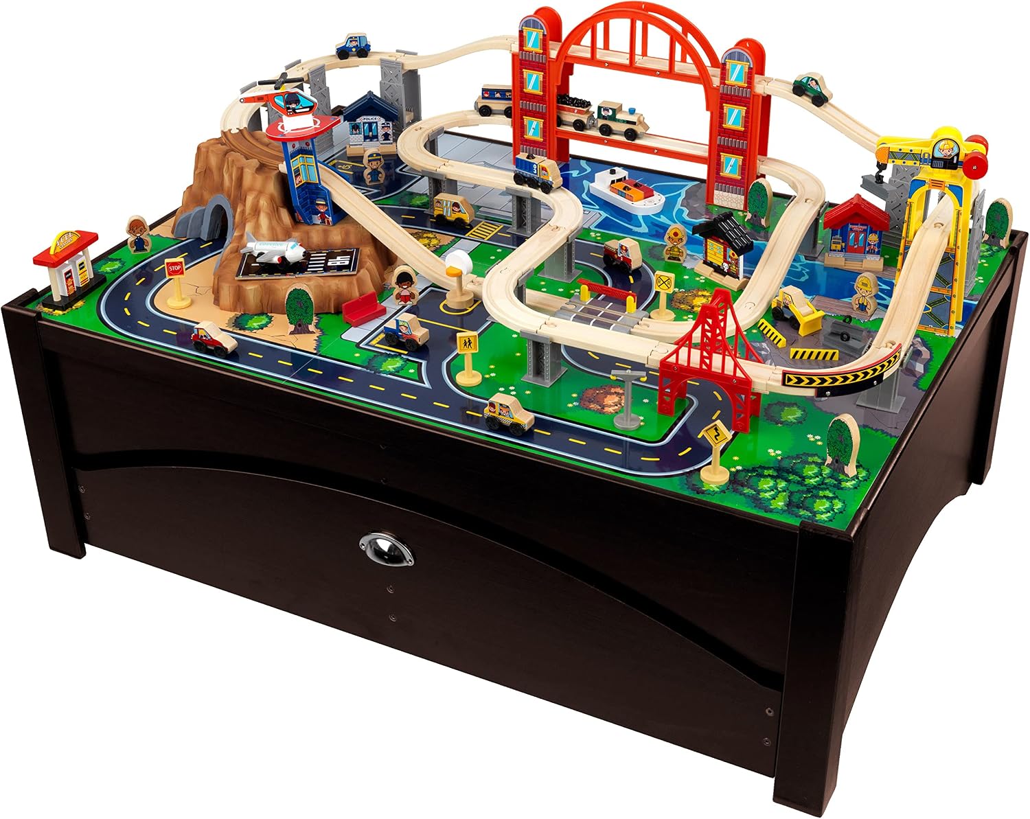 KidKraft Metropolis Wooden Train Set & Table with 100 Pieces and Storage Drawer – Espresso