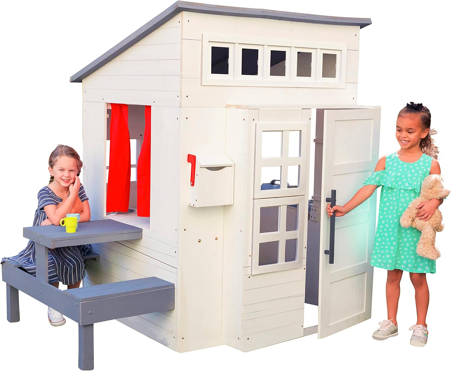 KidKraft Modern Outdoor Wooden Playhouse with Picnic Table, Mailbox and Outdoor Grill, White