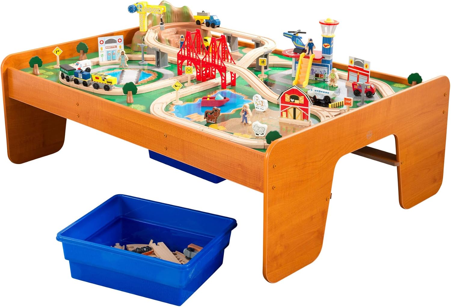 KidKraft Ride Around Town Wooden Train Set And Table With Storage Bins And 100 Pieces, Honey