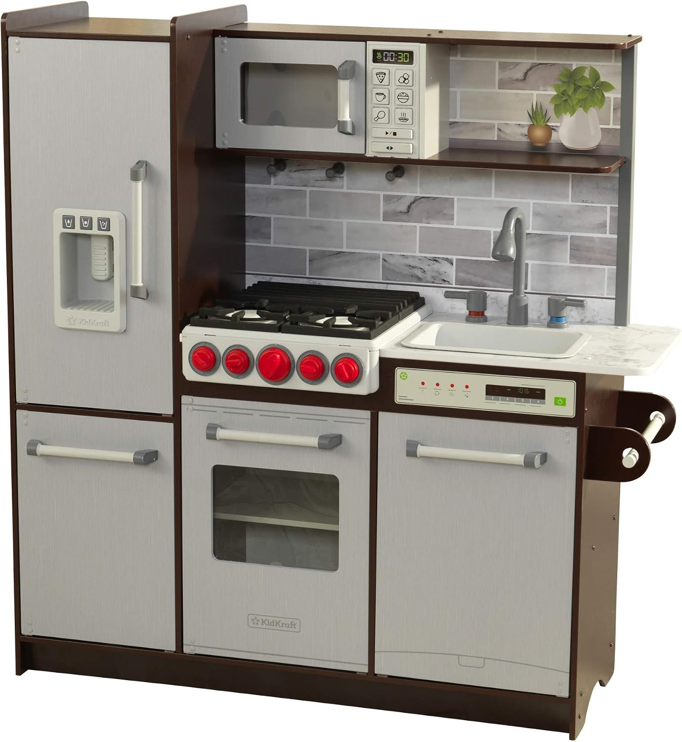 KidKraft Uptown Elite Espresso Play Kitchen with EZ Kraft Assembly, Lights and Sounds, Working Ice Maker and Click and Turn Knobs