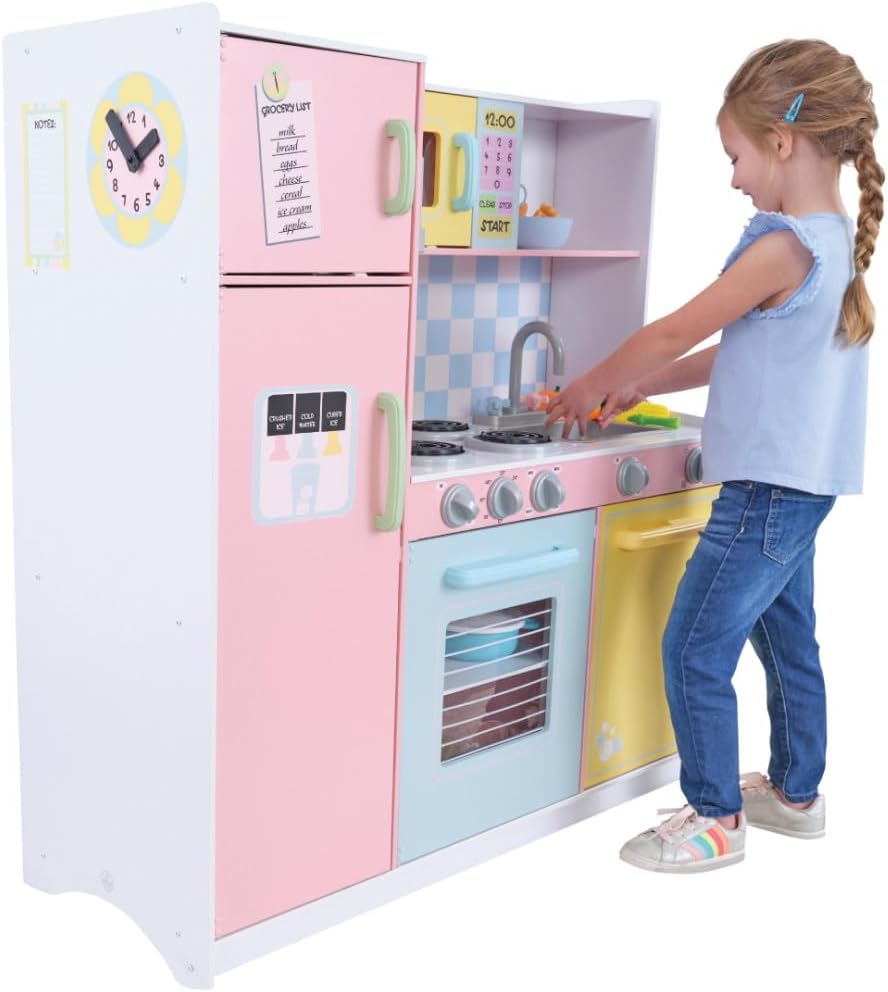 KidKraft Wooden Large Pastel Play Kitchen with Turning Knobs, See-Through Doors and Play Phone Gift for Ages 3+