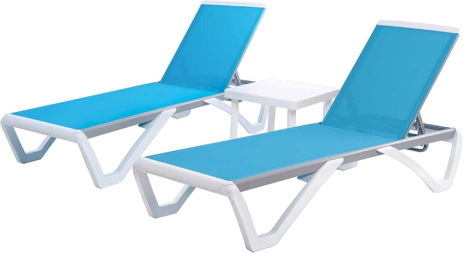 Kozyard Patio Chaise Lounge Chair – Full Flat Alumium & Resin Legs, Outdoor Reclining Adjustable Chair for Sunbathing, Beach, Patio, Lounge Set or Patio Table (Two Aqua Chaises W/Table)