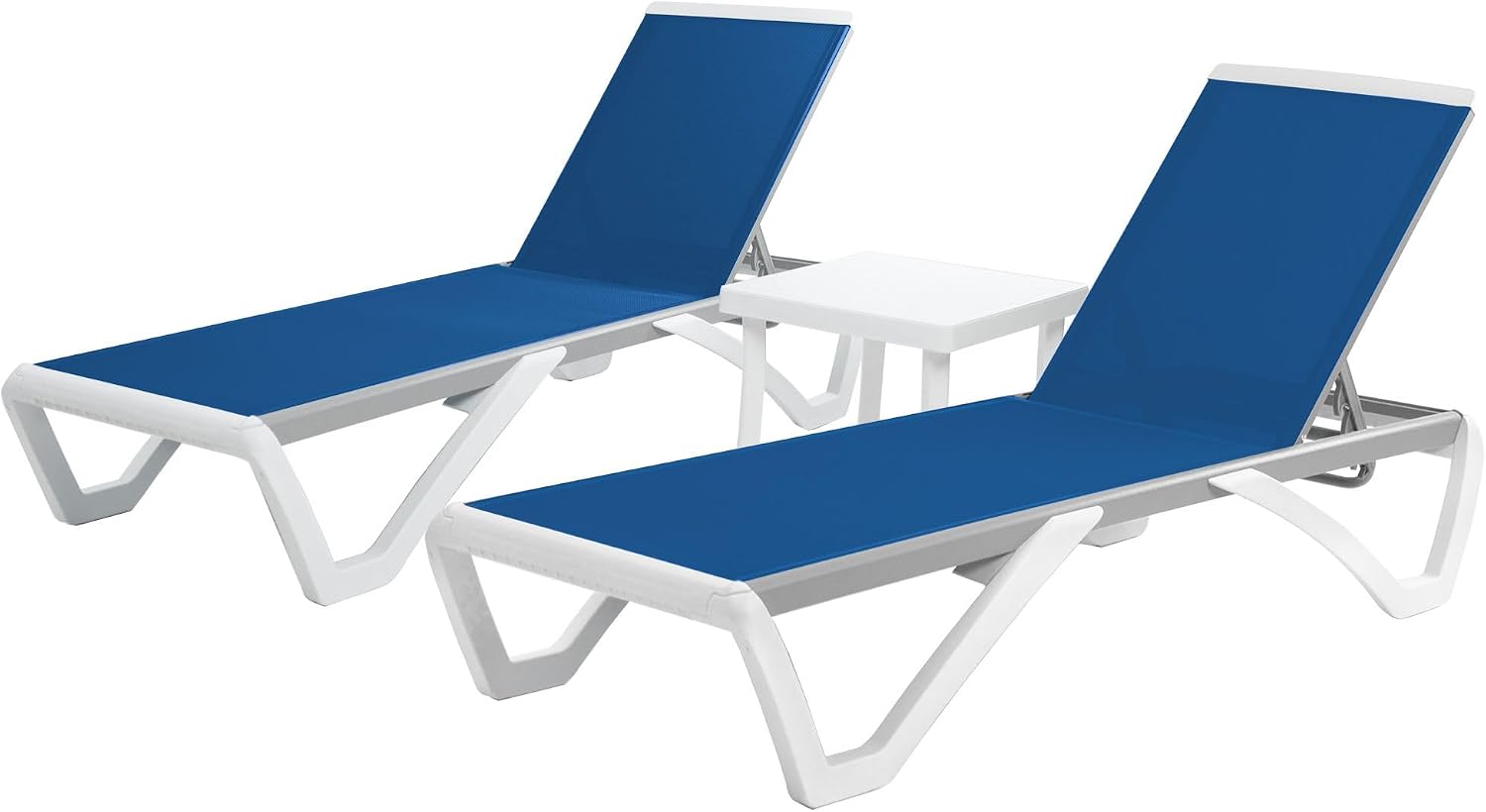 Kozyard Patio Chaise Lounge Chair – Full Flat Alumium & Resin Legs, Outdoor Reclining Adjustable Chair for Sunbathing, Beach, Patio, Lounge Set with Table (2 Blue Textilence W/Table)