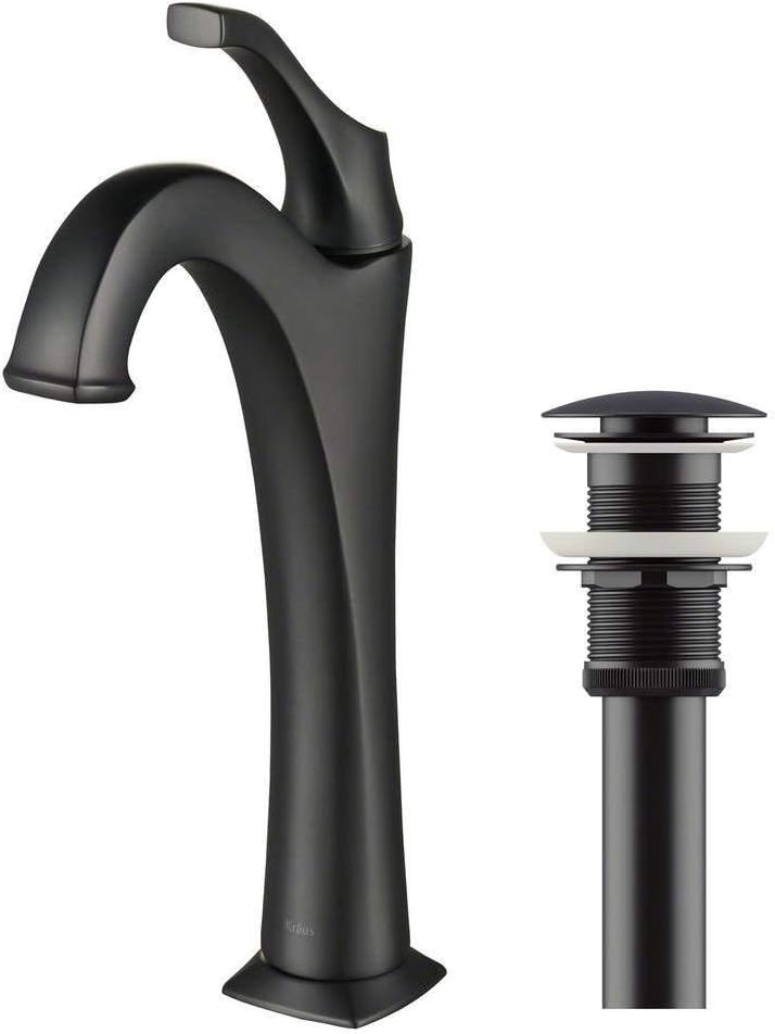 KRAUS KBF-1201MB Arlo Single Handle Basin Bathroom Faucet with Lift Rod Drain and Deck Plate, Matte Black
