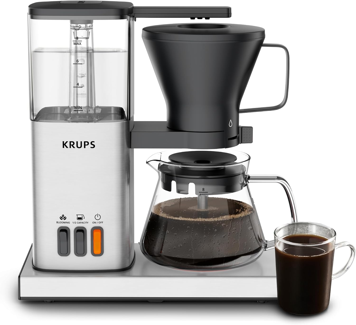 KRUPS Essential Brewer 8 Cup Drip Coffee Machine, SCA-Certified, Blooming Technology, Barista-Quality, Stainless Steel Design, Silver
