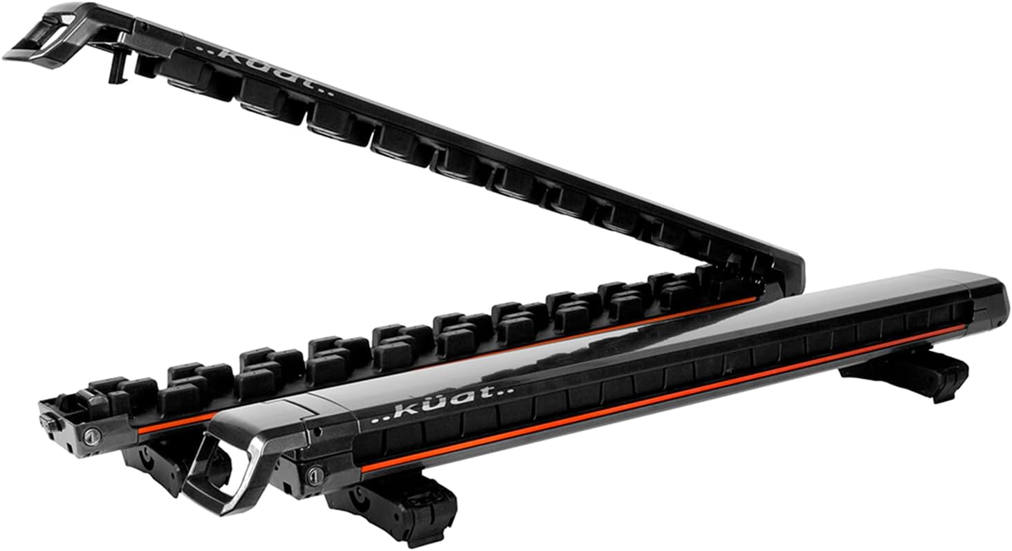 KUAT Snowboard Racks Grip 6 Durable Universal Car SUV Rooftop Crossbars, Slide-Out Locking, Fits 6 Skis/4 Snowboards, Gray Metallic w Orange Anodize