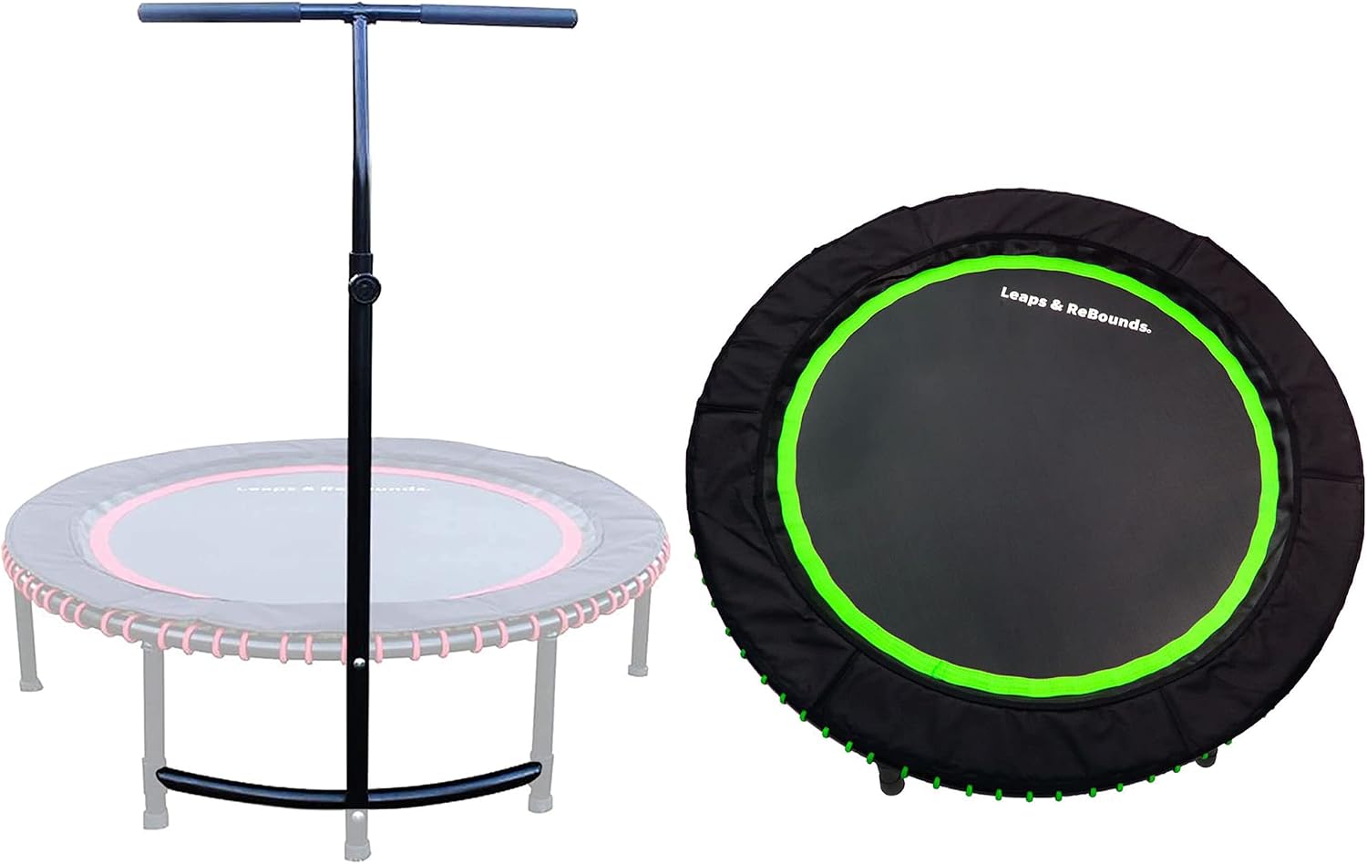 LEAPS & REBOUNDS 40″ Adjustable Stability Bar Attachment with 40″ Mini Fitness Trampoline and Home Gym Rebounder for Cardio Exercises, Green