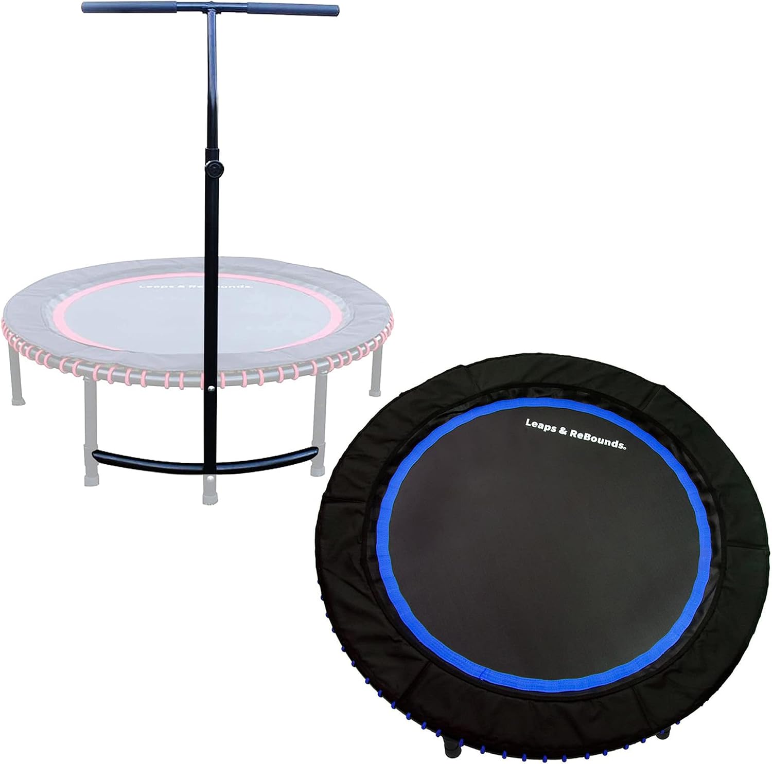 LEAPS & REBOUNDS 48″ Adjustable Stability Bar Attachment with 48″ Mini Fitness Trampoline and Home Gym Rebounder for Cardio Exercises, Blue