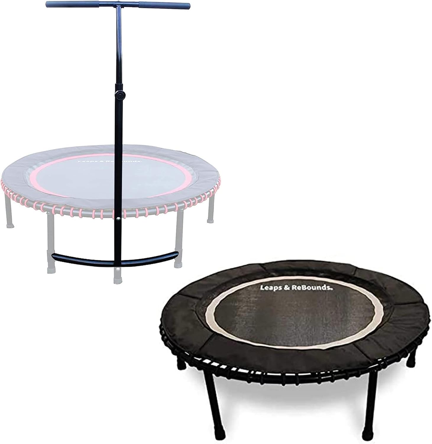 LEAPS & REBOUNDS 48″ Adjustable Stability Bar Attachment with 48″ Mini Fitness Trampoline and Home Gym Rebounder for Cardio Exercises, Gray