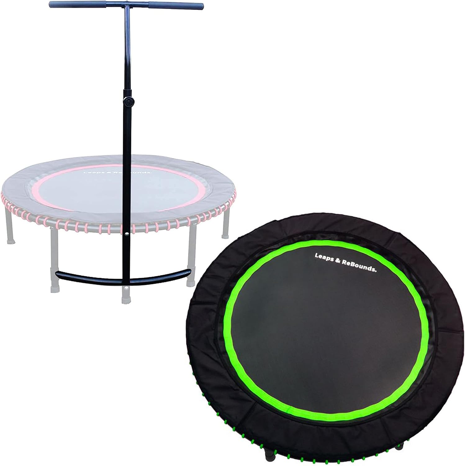 LEAPS & REBOUNDS 48″ Adjustable Stability Bar Attachment with 48″ Mini Fitness Trampoline and Home Gym Rebounder for Cardio Exercises, Green