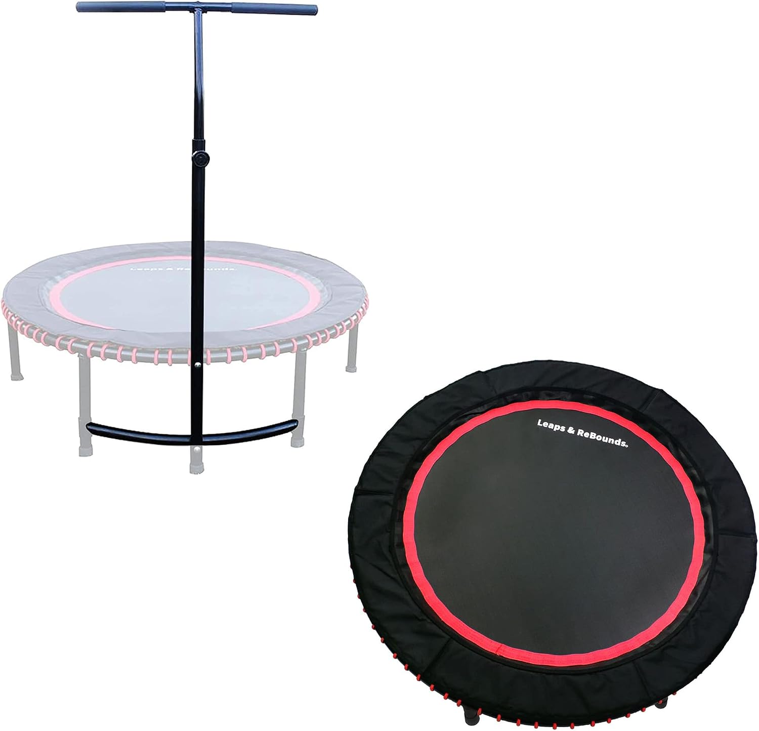 LEAPS & REBOUNDS 48″ Adjustable Stability Bar Attachment with 48″ Mini Fitness Trampoline and Home Gym Rebounder for Cardio Exercises, Red